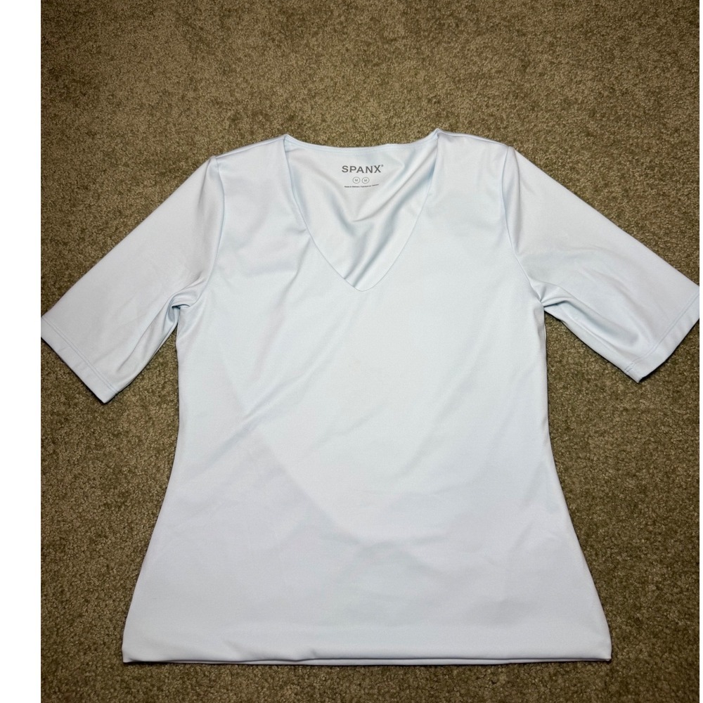Spanx Womens V-Neck Short‎ Sleeve Top Light Blue Smoothing Stretch Size M